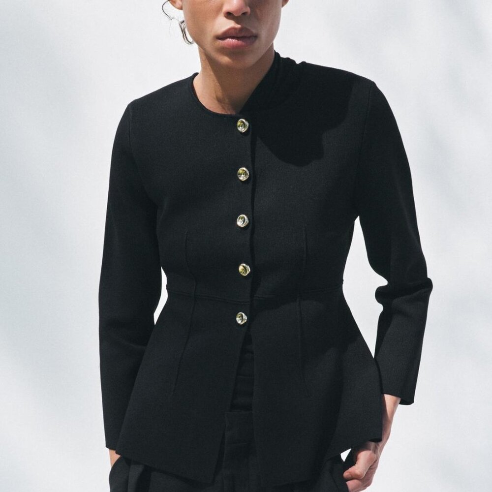 Zara Fitted Long Knit Jacket – Black, Size S, Elegant Round Neck, Button Front